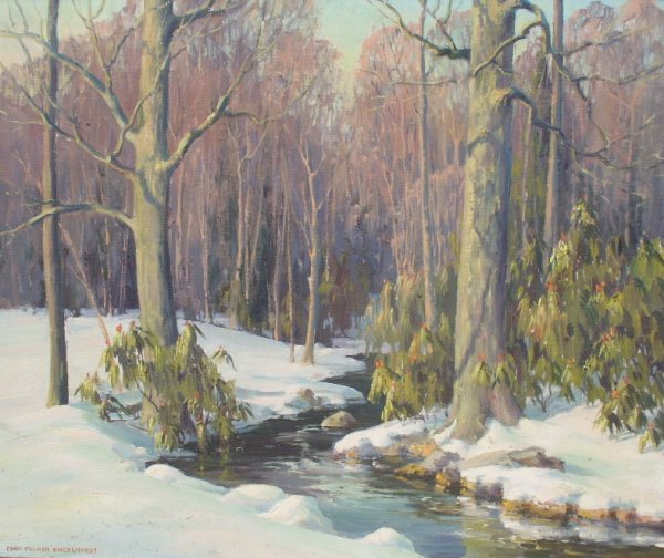Painting: Edna Palmer Engelhardt: Edna Palmer Engelhardt (1897-1991 PA), oil on canvas, winter woodland with stream. Signer lower left "Edna Palmer Engelhardt". 25" x 30". Original, as found condition. With respect to attribution to a