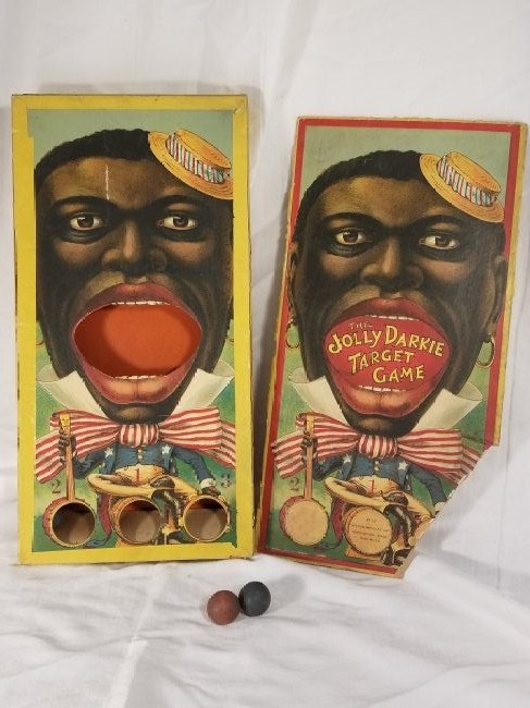 The Jolly Darkie Target Game - Milton Bradley: wonderful old game, good condition, but the box Lid has some pieces missing,nice large size, displays well, 3 original wooden balls,