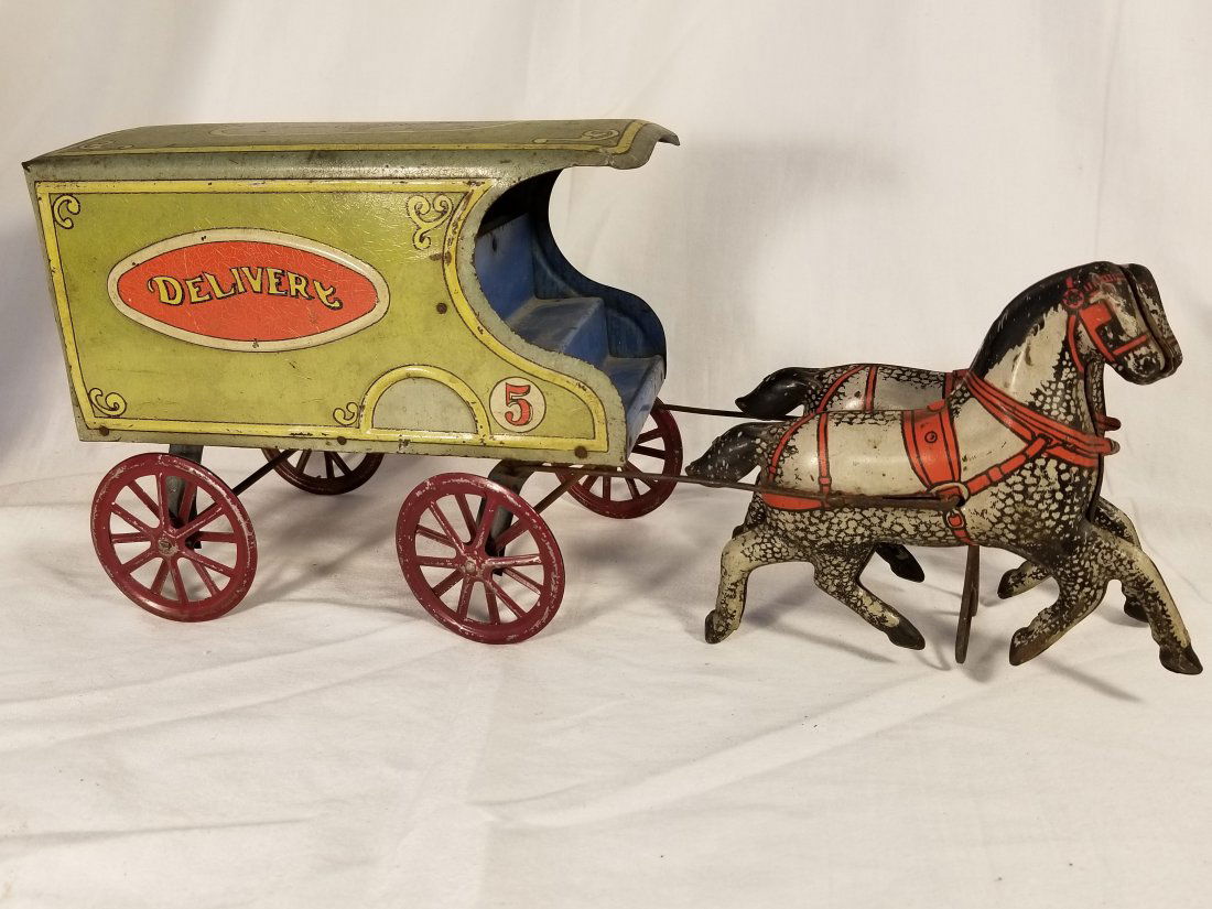 Large Tin & Wood Horse Drawn Delivery Wagon, circa 1900 (1 of 7)
