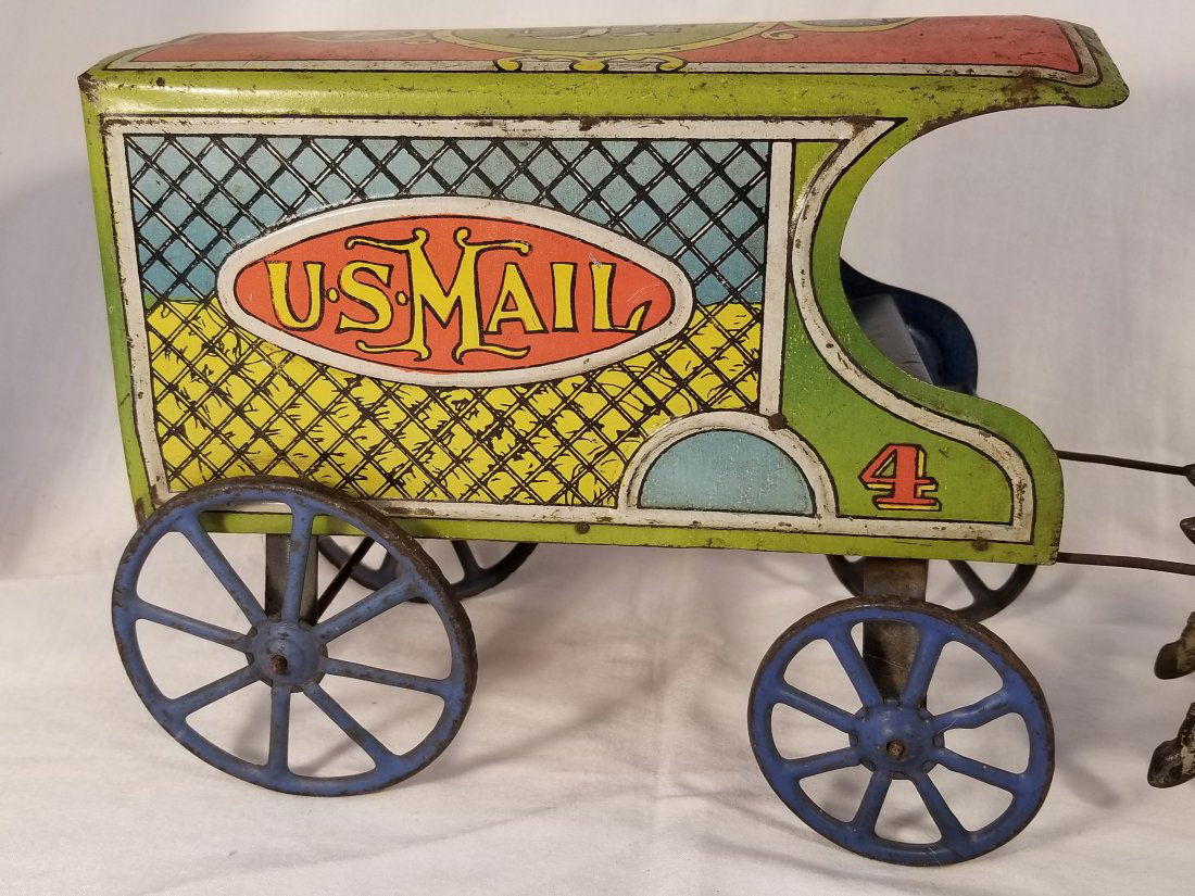 Large Tin & Wood Horse Drawn US Mail Wagon (1 of 8)