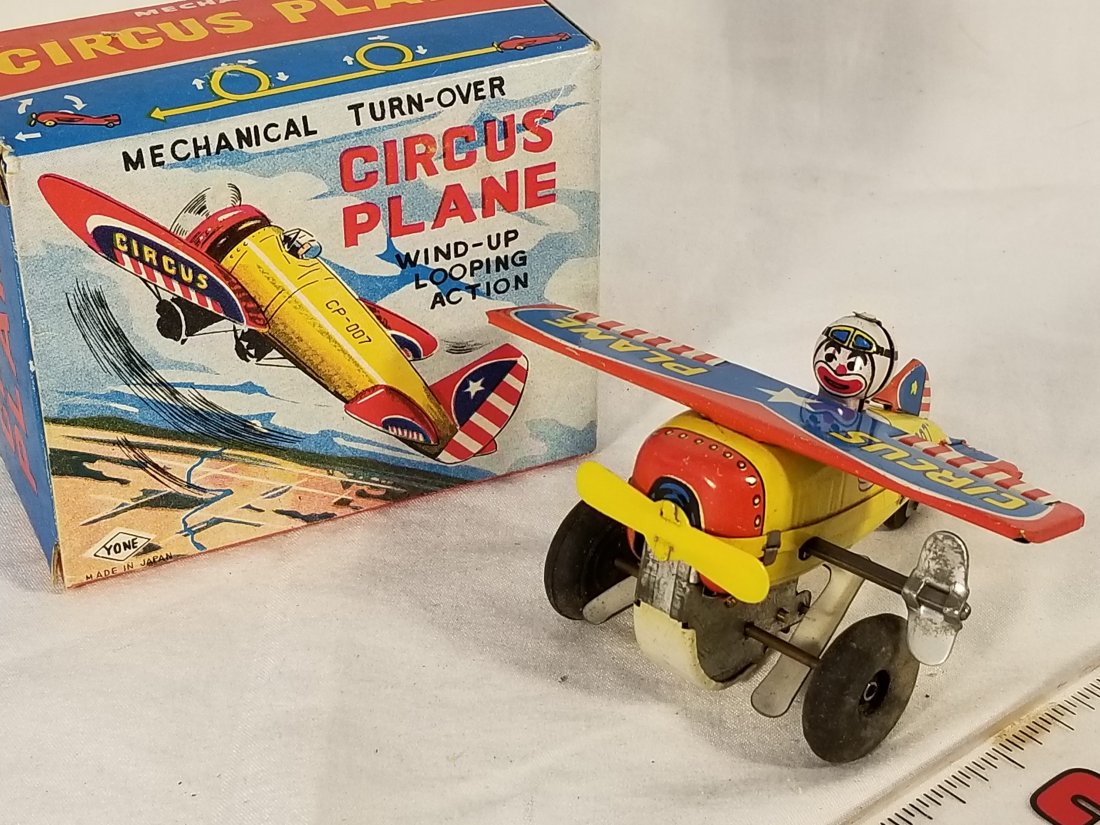 Circus Plane Mechanical turn over toy - with orig box: A very Cute old tin toy , Original box, Great working condition