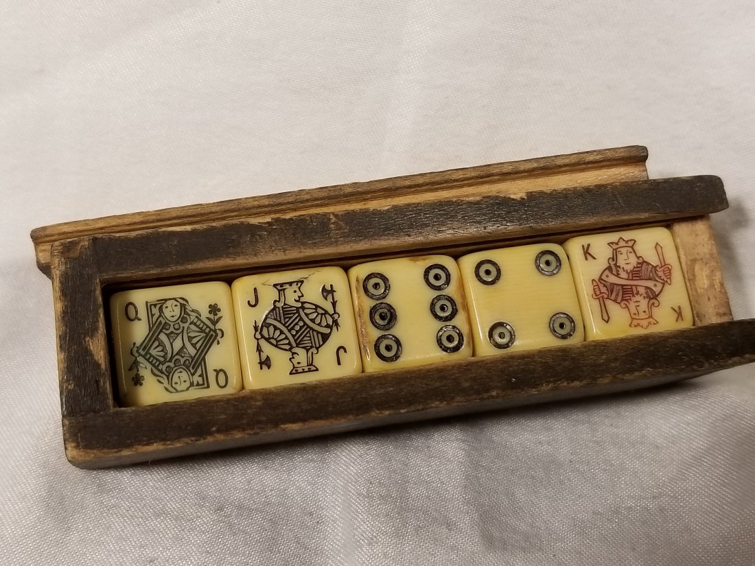 Dice Marked like Playing Cards - Poker Dice: Dice Marked like Playing cards in a small slide lid wooden box, Poker Dice