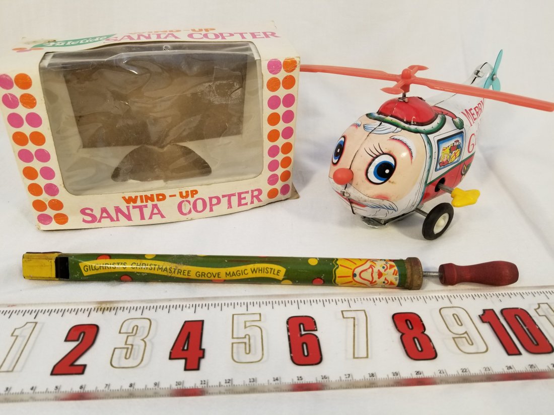 Tn Wind-Up Santa Copter & Christmas Whistle: Very cute toy with the Original Box, wood and tin whistle, works well