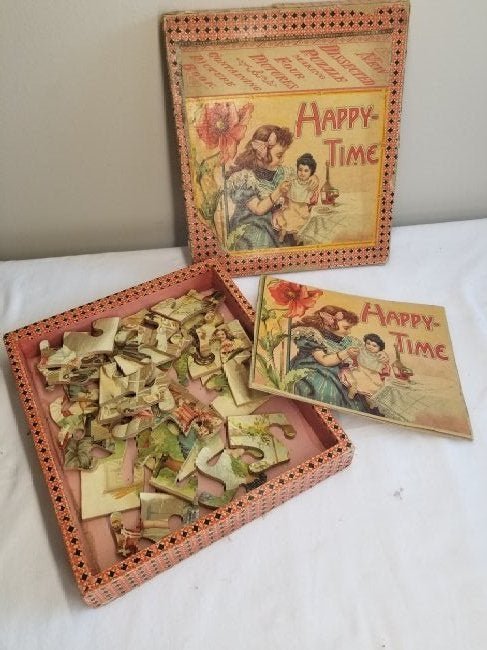 Victorian wooden puzzle ~ box & book: this is a great old wooden puzzle, 2 double sided puzzles with 4 pictures, not complete, great original box and story book