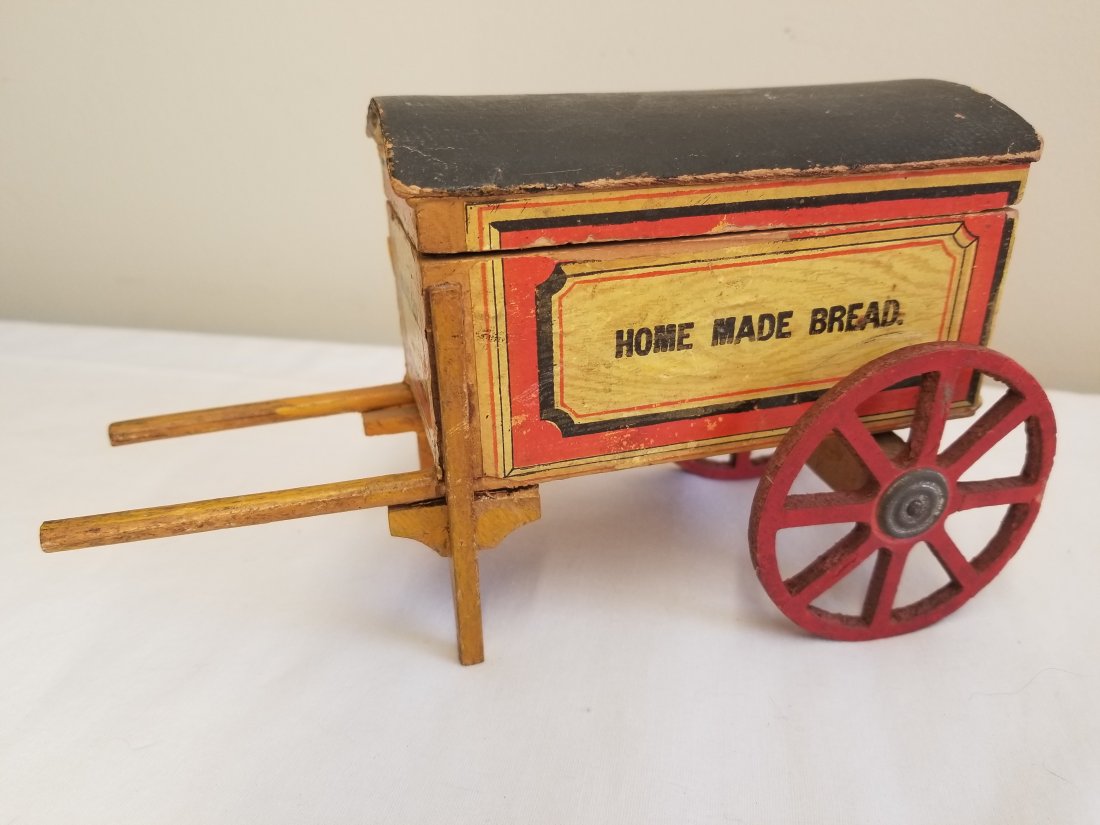 Great Antique German Pie and Bread Cart: this a very nice little wood and cardboard Biscuit and bread cart, about 8 inches long and 4 inches tall, made in Germany, Circa 1900