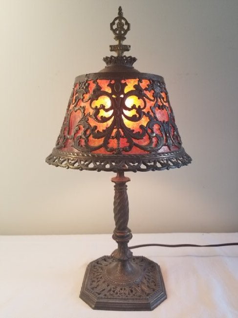 Oscar Bach Mica Shade Lamp: This a beautiful Oscar Bach Mica Shade lamp, It is in Beautiful Condition, no damage to mica, It that some some has added some sort of glue(?) , see photos, It is Inside of the shade. a Lovely Lamp by