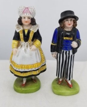 Dollhouse ~ Pair Vintage Porcelain Figures: A very Neat Lot of old Dollhouse Miniatures , about 2 1/2 inches tall, displays well, please note her eyes, they seem to have turned and odd color? we do in house shipping at cost, Fast and Easy, plea