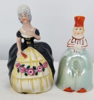 Pr vintage miniature porcelain bells ~ Madam Pompadour: A very Neat pair of porcelain bells, largest about 3 1/2 inches tall, displays well, please note her eyes, they seem to have turned and odd color? we do in house shipping at cost, Fast and Easy, pleas