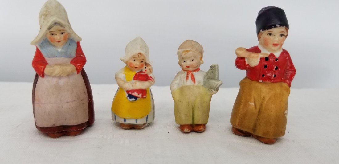 Bisque Miniature Dutch Family ~ Heubach Germany: A very nice set of porcelain figures, largest about 2 1/4 inches tall, displays well, please note her eyes, they seem to have turned and odd color? we do in house shipping at cost, Fast and Easy, plea