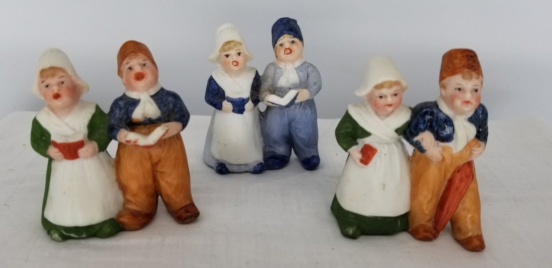 3 Bisque Miniature Dutch Family ~ Heubach Germany: A very nice set of porcelain figures, largest about 2 1/2 inches tall, displays well, please note her eyes, they seem to have turned and odd color? we do in house shipping at cost, Fast and Easy, plea