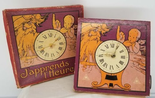 J'appprends l'Heure ~ Time Telling Game~ Great Graphics: This is a wonderful Time Telling Teacher/Game, Wood and cardboard Mechanical , Displays well, About 8 x 8 x 1 inches , we do in house shipping at cost, Fast and Easy, please ask any questions before y