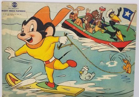 1957 Mighty Mouse Tray Puzzle: This is a wonderful puzzle, Displays well, About 10 x 13 inches , we do in house shipping at cost, Fast and Easy, please ask any questions before you bid, follow me on Instagram Chasbach1 or Bach1 Auc