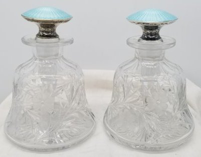 Pair Cut Glass Scent Bottles ~ Enamel Sterling Stoppers (1 of 3)