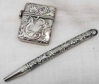 2  Antique Sterling Silver ~ Stamp Box & Pencil (1 of 2)