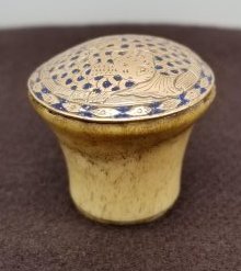 Bone Walking Stick Handle ~ Yellow Metal & Enamel Decoration: A wonderful little carved walking stick handle, yellow metal and enamel top, about 3cm tall, Buyer pays Worldwide shipping by PostNL, we will be glad to combine items for shipping, FREE In House Packi