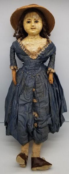 Early 19th Century Wax Doll ~ AMAZING Old silk Dress & Hat (1 of 11)