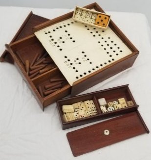 Collection Antique Dice & Game Counter ~ Mahogany Box: This is a nice lot of Old Bone Dice and game counter in Mahogany box, counter is about 4 1/2 x 4 3/4 inches, it also has a drawer.