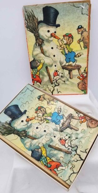 Snowman Puzzle ~: a nice vintage puzzle of a snowman, about 8 3/4 x 12 inches, box not in great condition, puzzle is good
