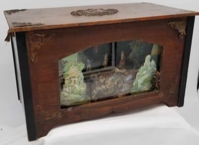 Manivelle Music Box Automaton ~: This is a very nice old music box automaton, possibly Erzgebirge or Sonnenberg, as you crank music box plays and the Chromolithographed figures pass through the diorama made of Chromolithographed buil