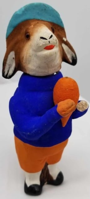 Rabbit Candy Container w/Spun Cotton Carrot ~ Papper Mache: wonderful, Bunny candy container, paper mâché with glass eyes and a spun cotton carrot, about 6 inches tall