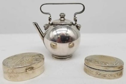MINIATURE Sterling Tea Pot & 2 Biscuit boxes: A Rare Miniature Sterling Silver (hallmarked, sword mark 1813/1906) Tea Pot and 2 Biscuit Boxes, Beautifully Executed, marked on handle and rim of lid, 24g about 4cm