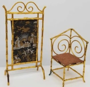 ERHARD & SÖHNE Gilded brass Corner Chair & Fire Screen: ERHARD & SÖHNE accessories made of gilded sheet brass for a stately dollhouse, top quality, screen is about 6 inches tall