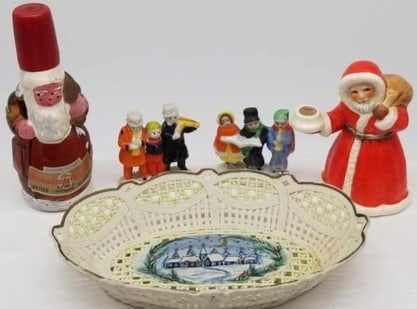 Collection Old Porcelain Christmas ~ Goebel ++: a very nice collection of old European porcelain, there is a handmade porcelain basket with a painting, a Goebel Santa candle holder, a painted bottle and 2 sets of carolers, basket about 7 inches wid