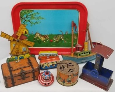 Collection Antique Tin Toys: a nice large lot of old tin toys, steam toys, hand painted Boat, tin wind-up trolly, music box toy, nice tin tray it is about 10 inches wide,
