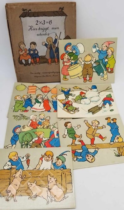 Math Puzzles ~ 1920s: This is a very nice set of 12 math puzzles complete and in the original box, puzzles are about 7 1/2 x 9 1/2 inches