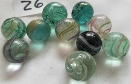 Antique German Handmade Marbles ~ Pontil Marks ~ lot 26: This is a nice lot of Antique handmade Marbles from Germany, we were given this lot of marbles in a large box, we sorted them the best that we could by type and size, if there is a marble that you nee