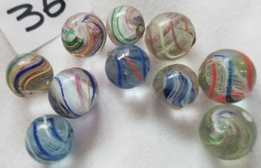 Antique German Handmade Marbles ~ Pontil Marks ~ lot 36: This is a nice lot of Antique handmade Marbles from Germany, we were given this lot of marbles in a large box, we sorted them the best that we could by type and size, if there is a marble that you nee