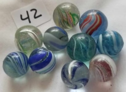 Antique German Handmade Marbles ~ Pontil Marks ~ lot 42: This is a nice lot of Antique handmade Marbles from Germany, we were given this lot of marbles in a large box, we sorted them the best that we could by type and size, if there is a marble that you nee