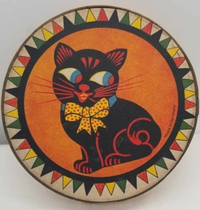 Germany Halloween Tambourine ~ Wood & Paper: A RARE, charming Halloween Tambourine, made of wood and paper with tin bangles, made in Germany before World War 2, a very rare item in wonderful condition. about 6 inches across.