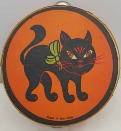 Germany Halloween Tambourine ~ Wood & Paper: A RARE, charming Halloween Tambourine, made of wood and paper with tin bangles, made in Germany before World War 2, a very rare item in wonderful condition. about 6 inches across.