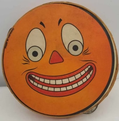Germany Halloween Tambourine ~ Wood & Paper: A RARE, charming Halloween Tambourine, made of wood and paper with tin bangles, made in Germany before World War 2, a very rare item in wonderful condition. about 6 inches across.