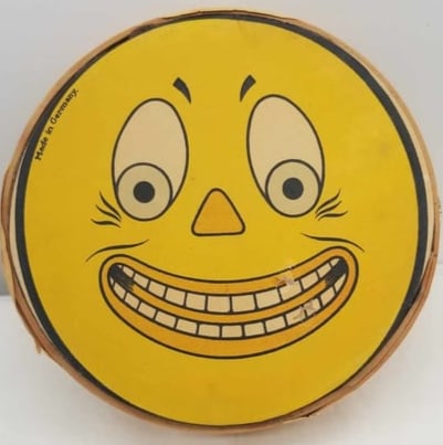 Germany Halloween Tambourine ~ Wood & Paper: A RARE, charming Halloween Tambourine, made of wood and paper with tin bangles, made in Germany before World War 2, a very rare item in wonderful condition. about 6 inches across.