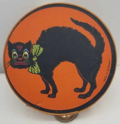 Germany Halloween Tambourine ~ Wood & Paper: A RARE, charming Halloween Tambourine, made of wood and paper with tin bangles, made in Germany before World War 2, a very rare item in wonderful condition. about 6 inches across.