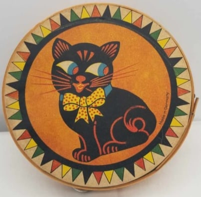 Germany Halloween Tambourine ~ Wood & Paper: A RARE, charming Halloween Tambourine, made of wood and paper with tin bangles, made in Germany before World War 2, a very rare item in wonderful condition. about 6 inches across.