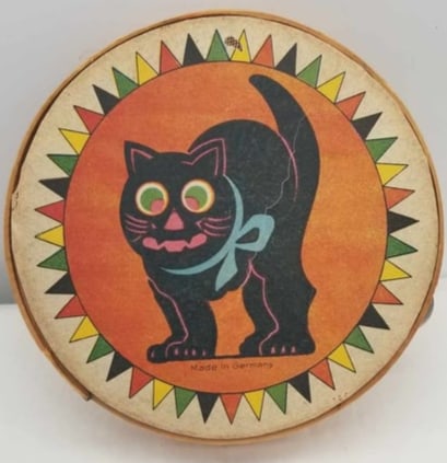 Germany Halloween Tambourine ~ Wood & Paper: A RARE, charming Halloween Tambourine, made of wood and paper with tin bangles, made in Germany before World War 2, a very rare item in wonderful condition. about 6 inches across.