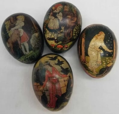 Tin Easter Egg Candy Containers ~ circa 1920: 4 very nice old tin easter candy containers, they are in good condition, they were made in Germany and date to before World War 2, about 2 1/2 inches