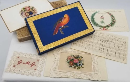 Dresden Box Blue Silk ~ Early 19th Century: this is a beautiful box in an amazing state of preservation, cardboard box covered in Royal Blue silk, embossed gold Dresden paper trim, the box contains note and mementos from friends, miniature exam