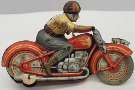 Technofix G F 258 Motorcycle wind-up: a nice old German tin wind-up toy, some wear but the wind-up mechanism works well, about 7 inches long