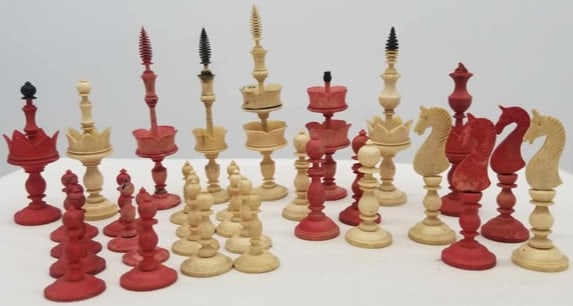 Anglo Indian Stained Bone Chess set ~ 19th Century: Anglo Indian stained bone chess set, mid 19th century, complete set, a couple of pieces have missing parts (see photos) King is 4 inches tall,