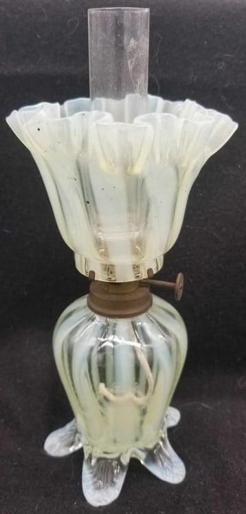 Miniature Victorian Oil Lamp ~ 8 inches: a lovely little oil lamp, 8 inches to top of chimney, one small flake on the bottom side of one foot, very minor can feel more then see, handmade a fine example