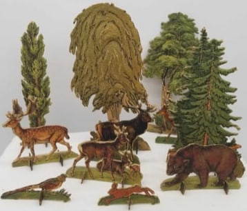 Dresden Forest Set ~ 55 Pieces ~ Animals ~ Trees ~ People: Made of paper, largest tree about 8 1/2 inches, some reinforcement on the back side of trees, only part of them shown in picture, late 19th or early 20th century