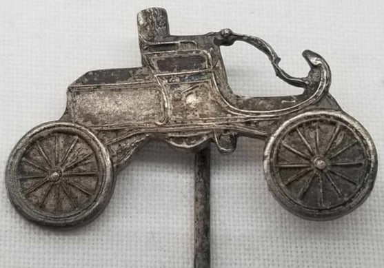 Curved Dash Olds Stickpin Circa 1900 ~ Olds Motor Works: A RARE little item, very well cast with nice detail, the car itself is about 1 inch wide,