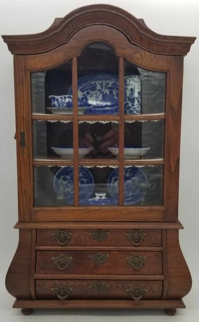 Miniature Dutch Cupboard: Very cute little cupboard with contents, the vase has a couple chips, other items are in good condition, about 24 1/2 inches tall