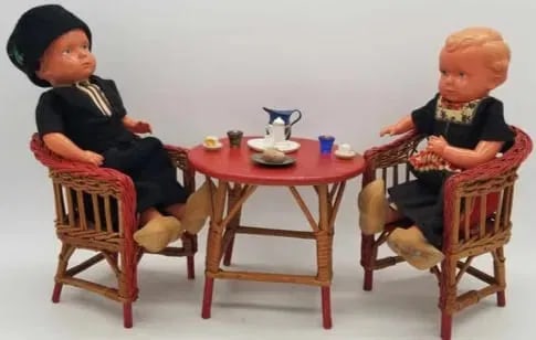 Wicker Table & Chairs with Celluloid Dolls ~ 1920s/30s (1 of 5)