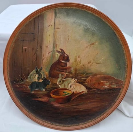 Hand Painted Redware Charger with Rabbits ~ 1880s Germany: a beautiful large hand painted redware charger, very well painted, intended to be hung on the wall, about 12 inches across, no damage or repair