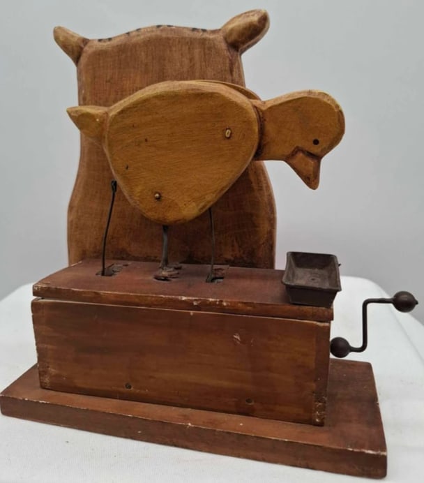 Folk Art Pecking Chicken Automaton: a very neat old folk art automaton toy pecking chicken, about 8 inches tall, works well with great action